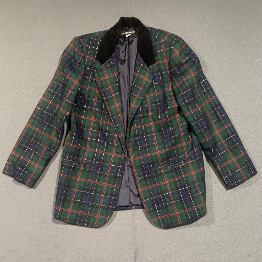 Vintage Womens 12 Holiday Plaid Blazer Jacket Velvet Collar Red Green Blue Gold